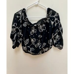 Cropped Top Women's S Black Sheer Embroidered Sequined Off Shoulder Boho Blouse